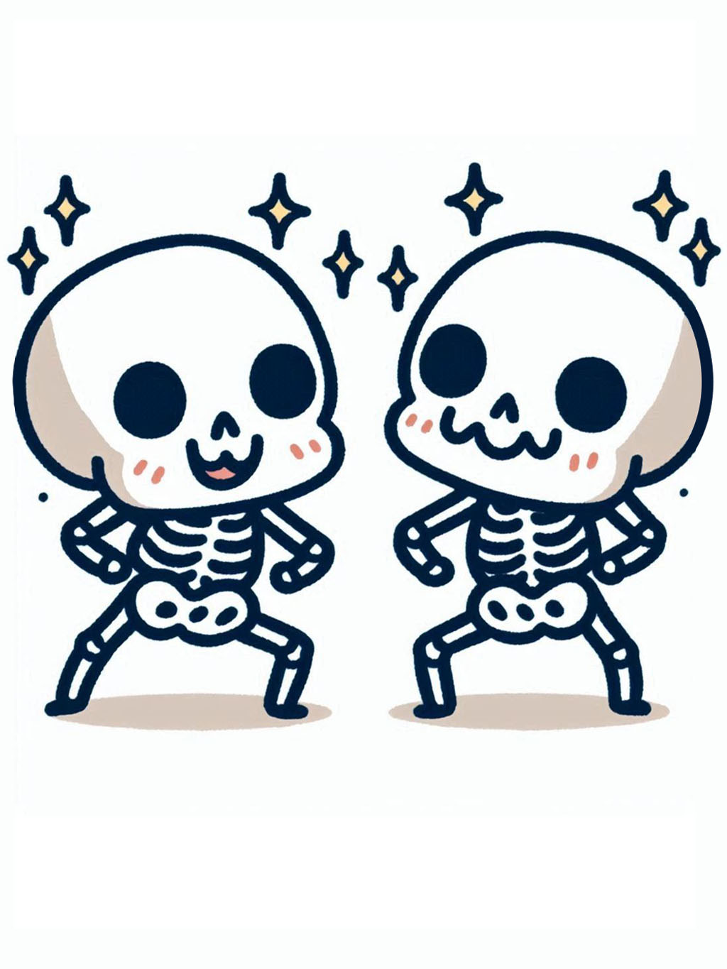 cute halloween drawings for kids 2, featuring a playful illustration of two dancing skeletons against a simple backdrop, highlighted with twinkling stars.